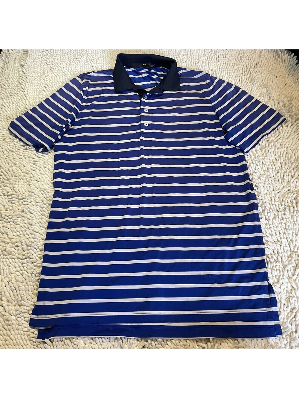 RLX Ralph Lauren Mens Striped Polo Shirt Blue Navy White Golf Performance Size M
